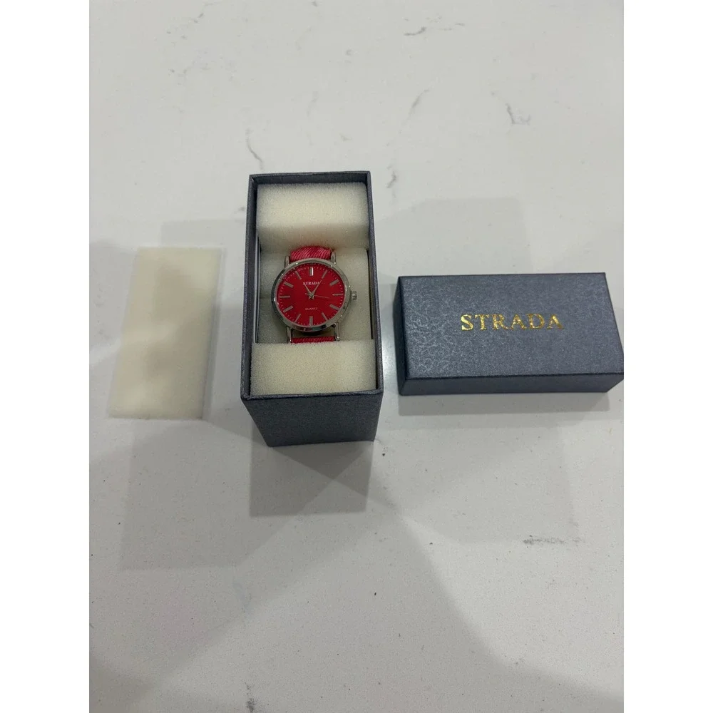 Strada Womens Quartz Watch Red Dial Textured Fabric Strap Silver Tone Case New